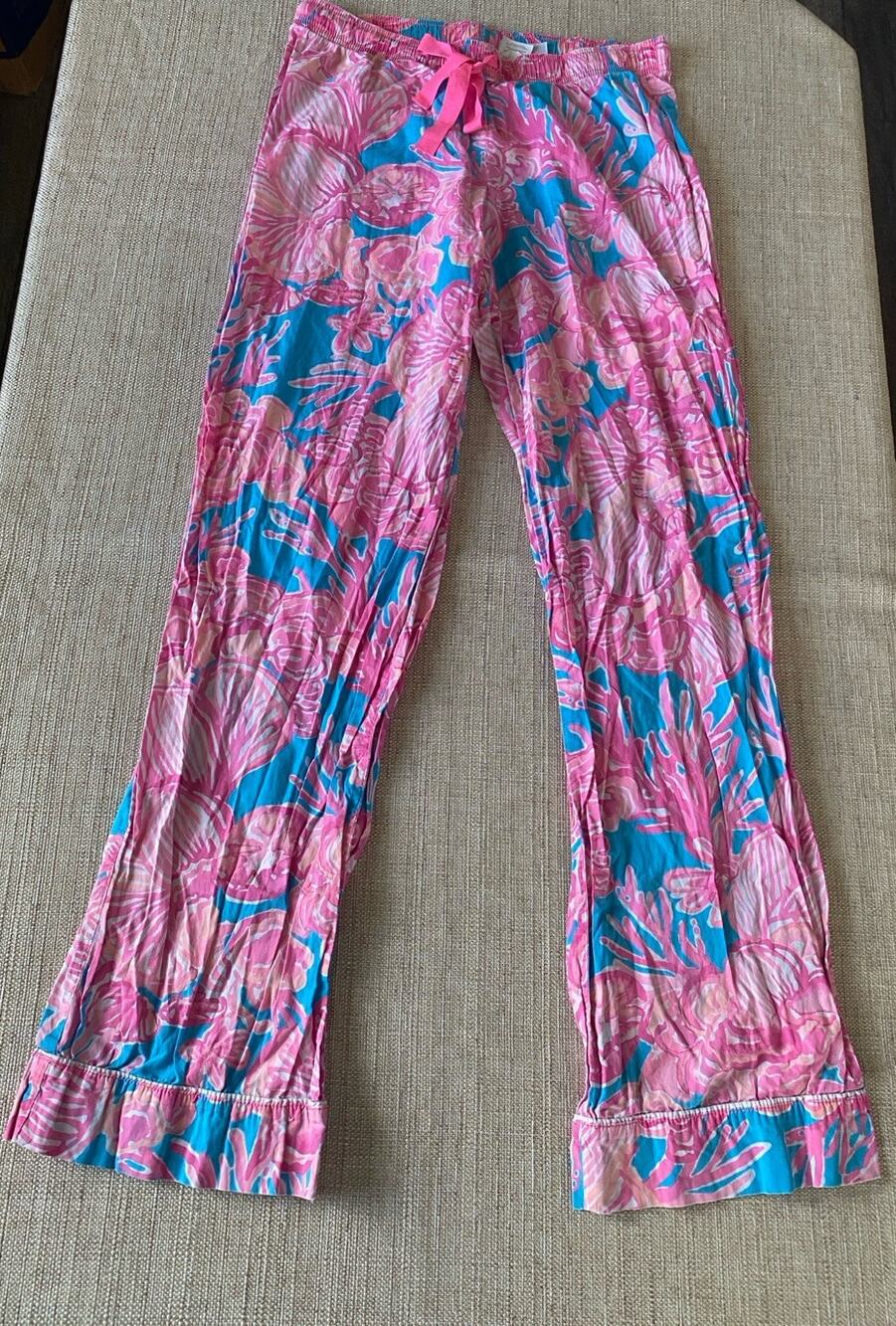 Lilly Pulitzer Blue Pink Coral Reef Pajama PJ Bottoms Wide S